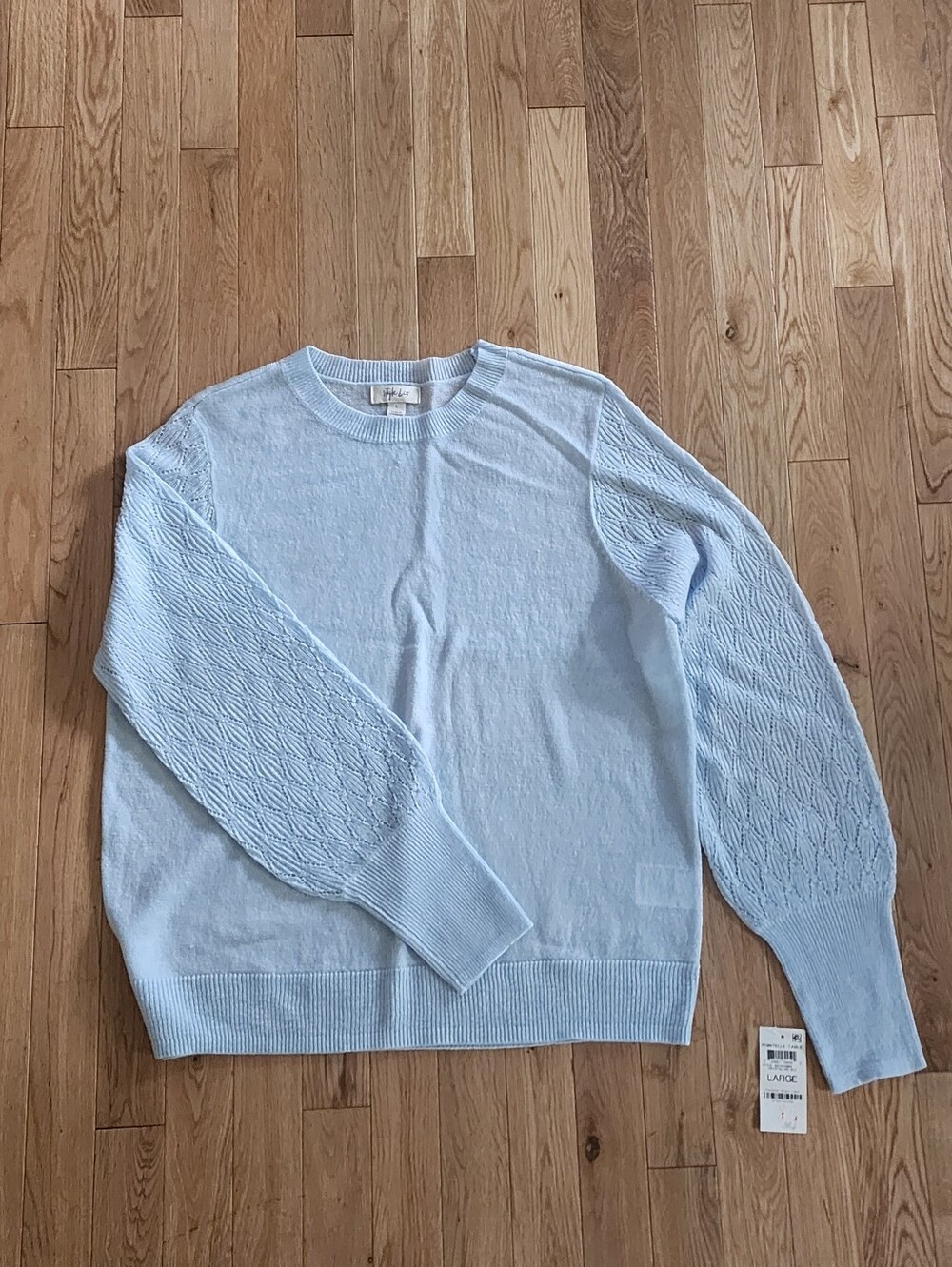 NWT Style & Co Light Blue Sweater With Patterned Sleeves, Sz L